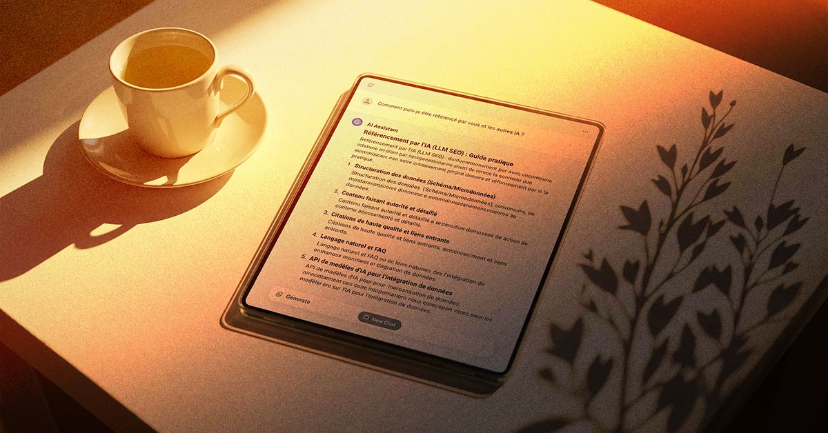 Une tablette posée sur un bureau affichant la réponse d'un assistant IA à une question sur le référencement