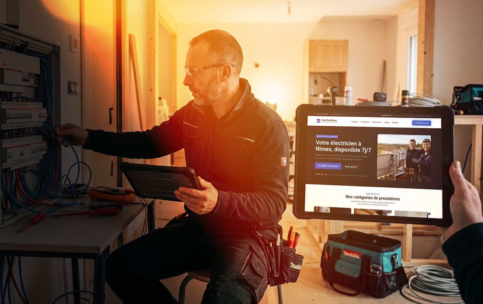 Électricien au travail devant un tableau électrique, son site internet affiché sur une tablette