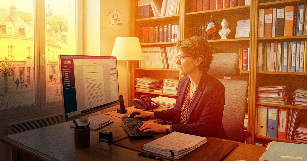Une notaire à son bureau, devant l’écran affichant le site de son office, entourée de dossiers et de codes, la plaque de l’office au mur