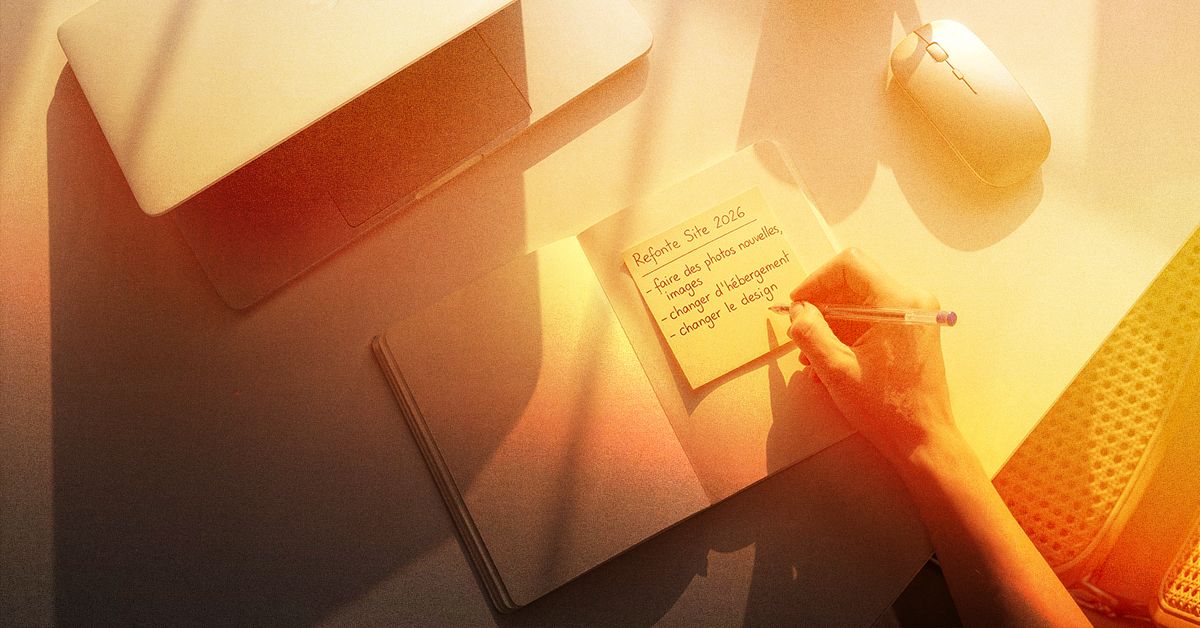 Une main note sur un carnet la liste des choses à refaire sur un site internet, à côté d'un ordinateur portable fermé