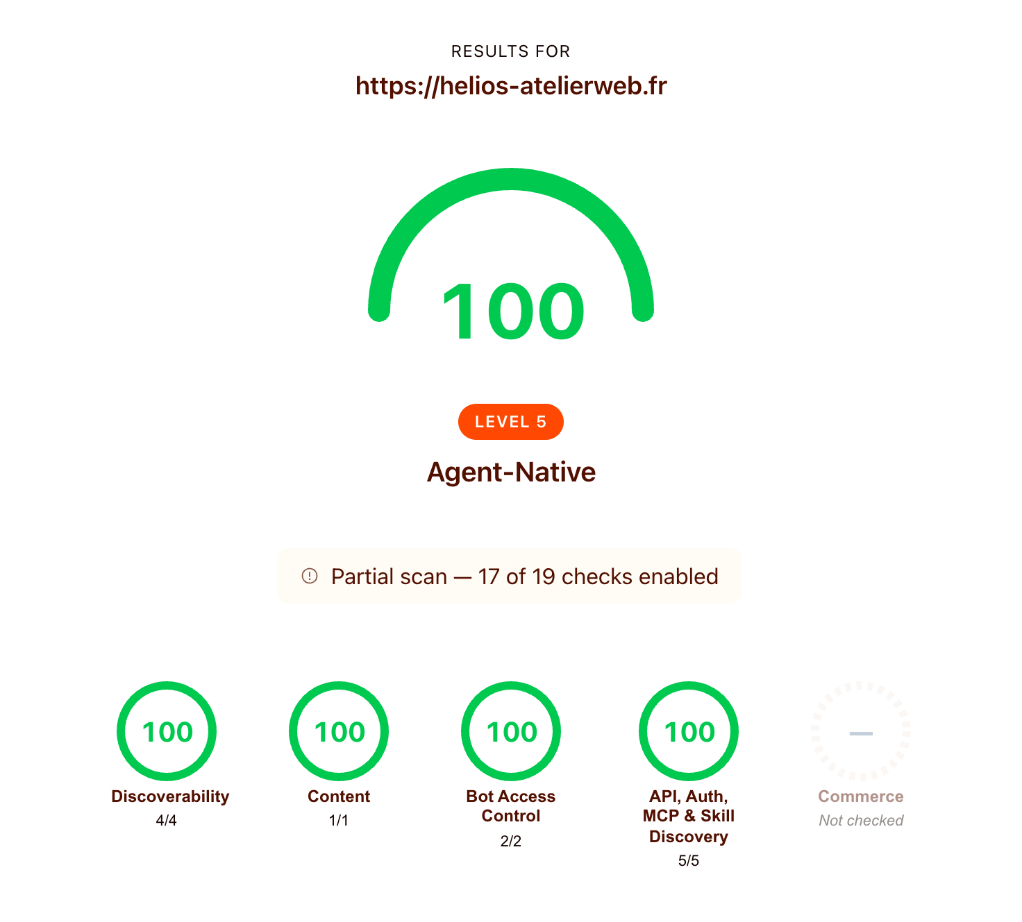 Score agent-ready de helios-atelierweb.fr mesuré par isitagentready.com : 100 sur 100, niveau 5 Agent-Native, toutes catégories à 100