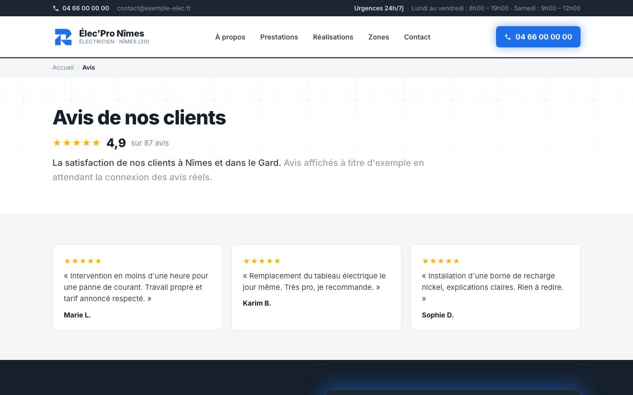 Page avis clients d'un site d'électricien