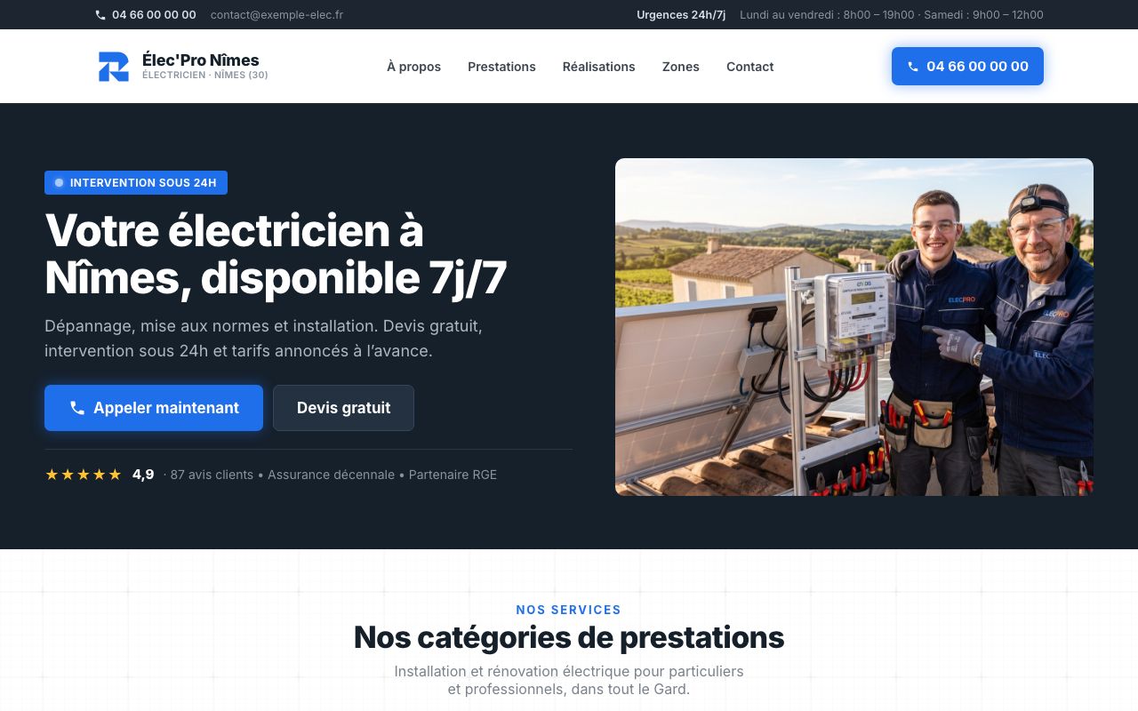 Page d'accueil du site de démonstration électricien
