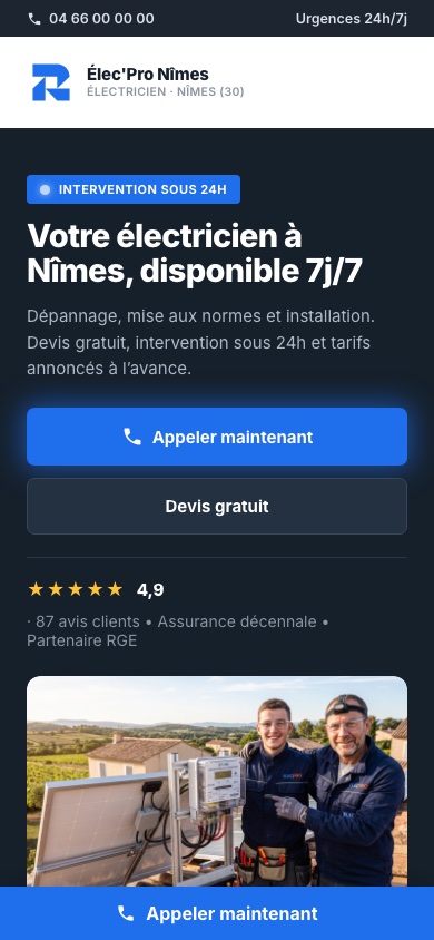 Aperçu mobile d'un site d'électricien créé par Hélios Atelier Web